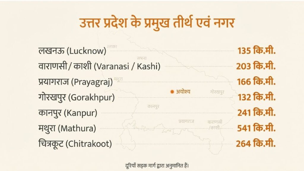 शहरों से अयोध्या की दूरी कितनी है
