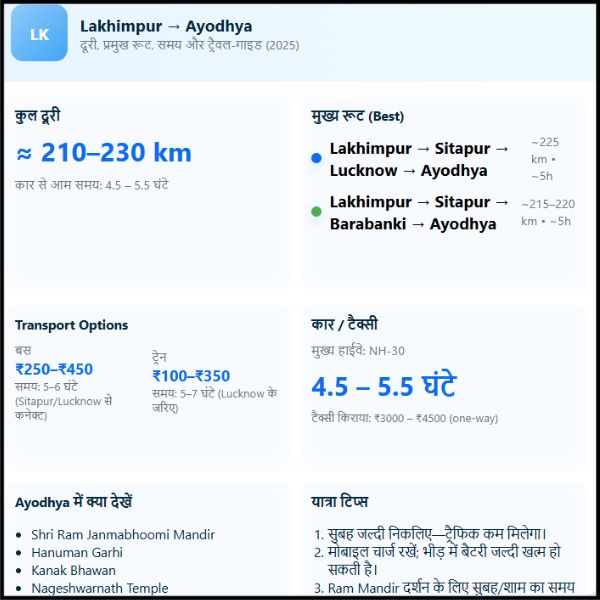 Lakhimpur से Ayodhya की दूरी कितनी है? पूरा रूट, समय, किराया और यात्रा गाइड (2025)
